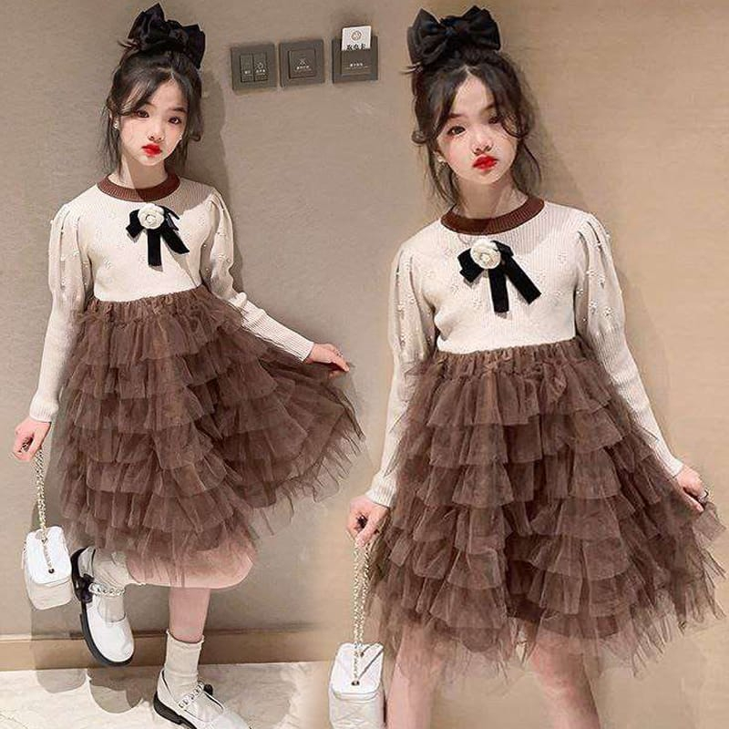 Dress Tutu Anak Perempuan Knitted Flower Coffee