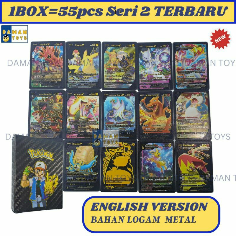 Kartu Pokemon 1 box 55pcs Charizard Pikachu cards Bahan Metal Emas Silver Bahasa English