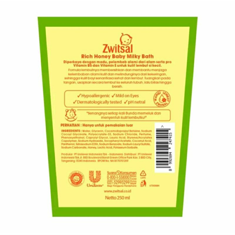 Zwitsal Baby Milk Bath Rich Honey 250ml