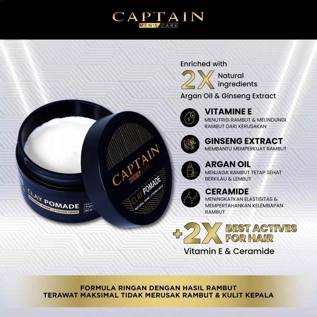 CAPTAIN Clay Pomade Matte Strong Hold - Minyak Wax Styling Pengkilap Penambah Volume Rambut Pomade