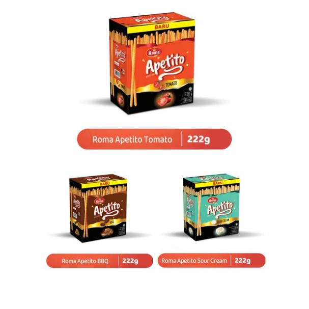 

Roma Apetito Stik Biskuit Tomato BBQ Sour Cream 222G 1 pak Isi 10 Sachet