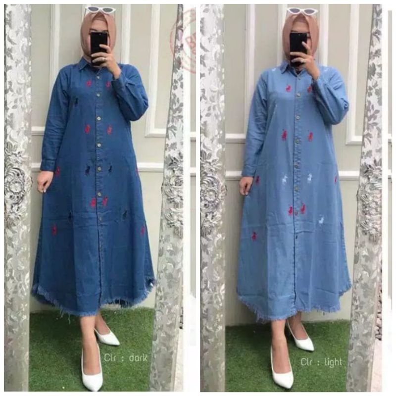 Lauren Rawis Tunik Jeans/Long Tunik Jumbo Jeans Bordir/Baju Tunik Rawis Jumbo Wanita Terbaru