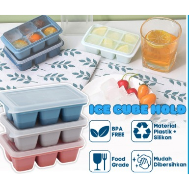 DHIOSHOPI - Cetakan Es Batu 6 Kotak Silicone Dengan Penutup / Alat Pencetak Puding Agar-Agar Jelly Cokelat Yogurt Anti Pecah / Ice Cube Mold Square Food Grade / Wadah Tempat Cetak 6 Sekat Silikon Unik Serbaguna