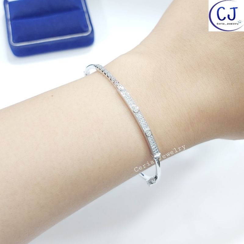 Gelang Tangan Perak Asli Silver 925 Lapis Emas Putih Model Bangle Bulat Variasi mata Burung - Perhiasan Perak Asli