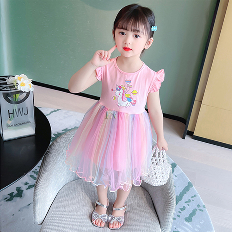 LNR Shop Free Bando Gaun Anak Perempuan Motif Kuda Poni Unicorn Lengan Pendek Dress Ulang Tahun Rok Tutu Rainbow Pelangi Princess Import Dua Layer Musim Semi Musim Gugur