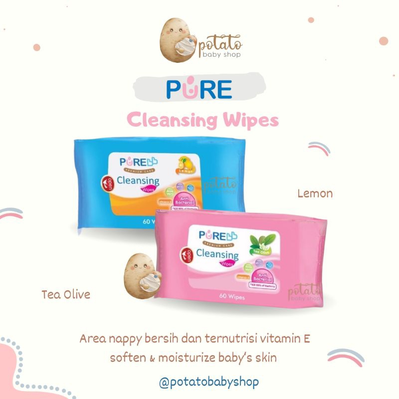 Pure Baby Cleansing Wipes Tea Olive &amp; Lemon 60 wipes - tisu basah purebaby