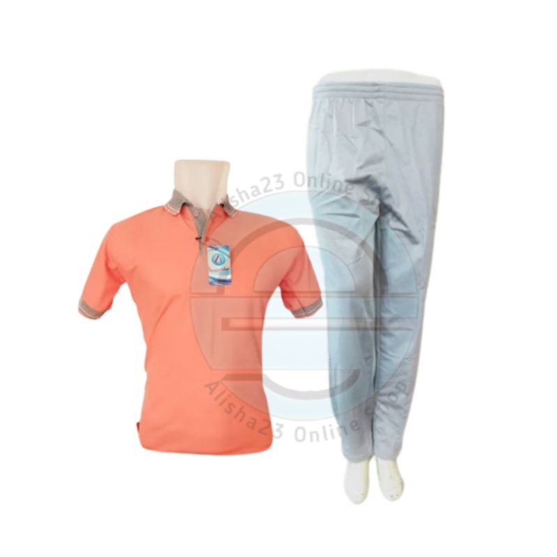 Setelan seragam kaos kerah lengan pendek/satu set trening olahraga baju sage berkerah abu tangan pen