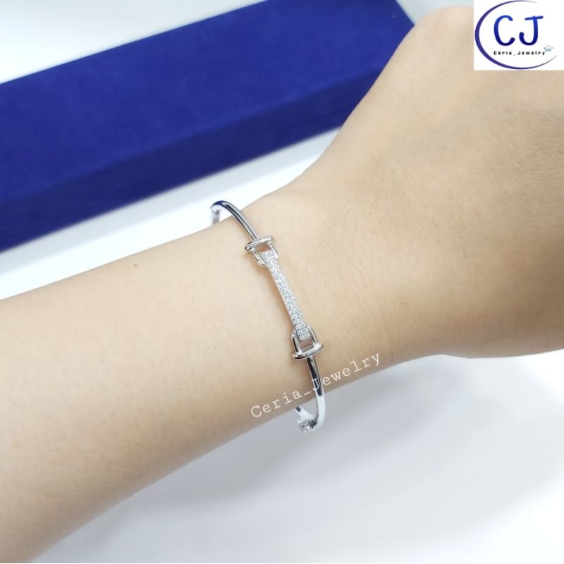 Gelang Tangan Wanita Perak Asli 925 Lapis Emas Putih Model Bangle Bulat Variasi Permata Listring 2 Baris - Perhiasan Perak Asli