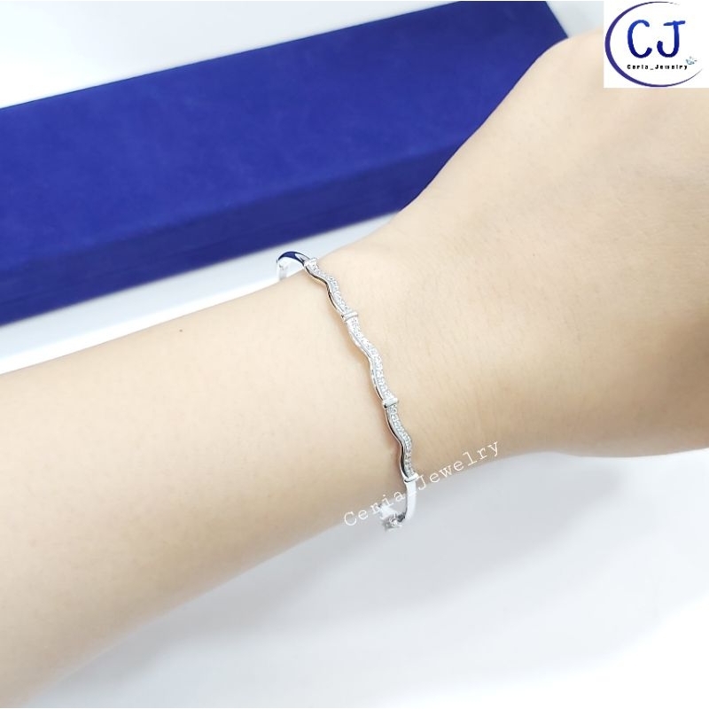 Gelang Tangan Perak Asli Silver Wanita 925 Lapis Emas Putih Model Bangle Bulat Variasi Listring Gelombang 1 baris - Perhiasan Perak Asli