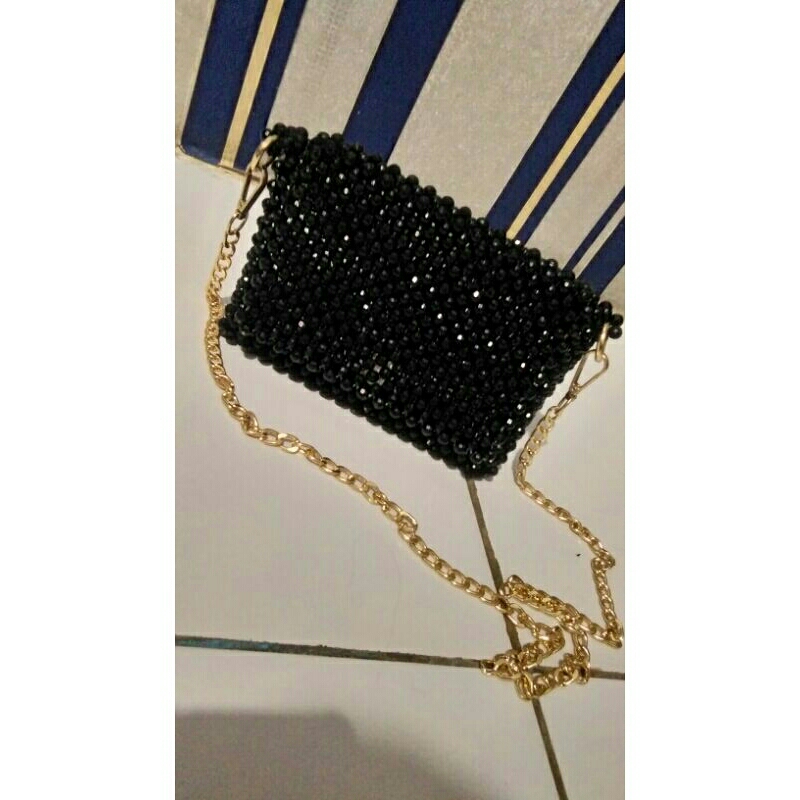 Tas manik mutiara hitam/Tas Manik/Beads Bag/Pearl Bag/Tas selempang/Tas Hp/Mote/Mutiara
