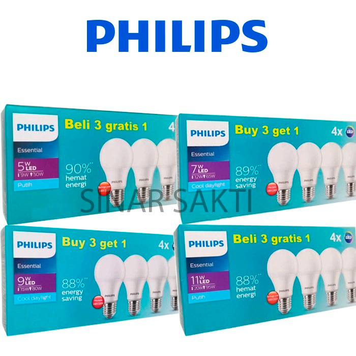 Philips Paket Lampu LED Essential 5W 7W 9W 11W Putih Multipack