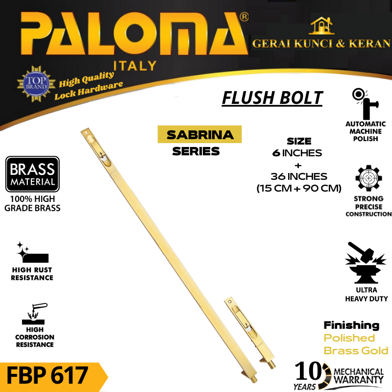 PALOMA FBP 617 SLOT PINTU GRENDEL TANAM 6+36 INCH ( 15+90 CM ) GOLD PB EMAS FLUSH BOLT