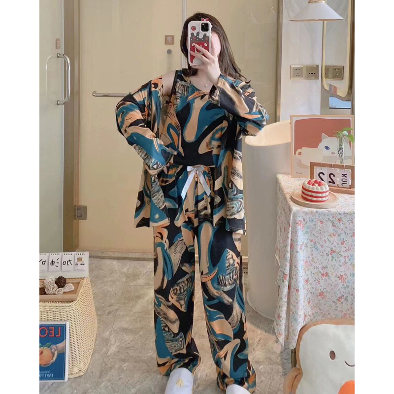 KZ_Stelan kimono 3in1 pp import / set baju tidur kimono 3in1 pp kekinian / Stelan kimono pp terbaru