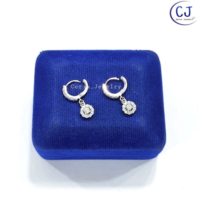 Anting Perak Asli Silver 925 Lapis Emas Putih Model Jepit Permata Gantungan Bunga Permata Full - Perhiasan Perak Asli