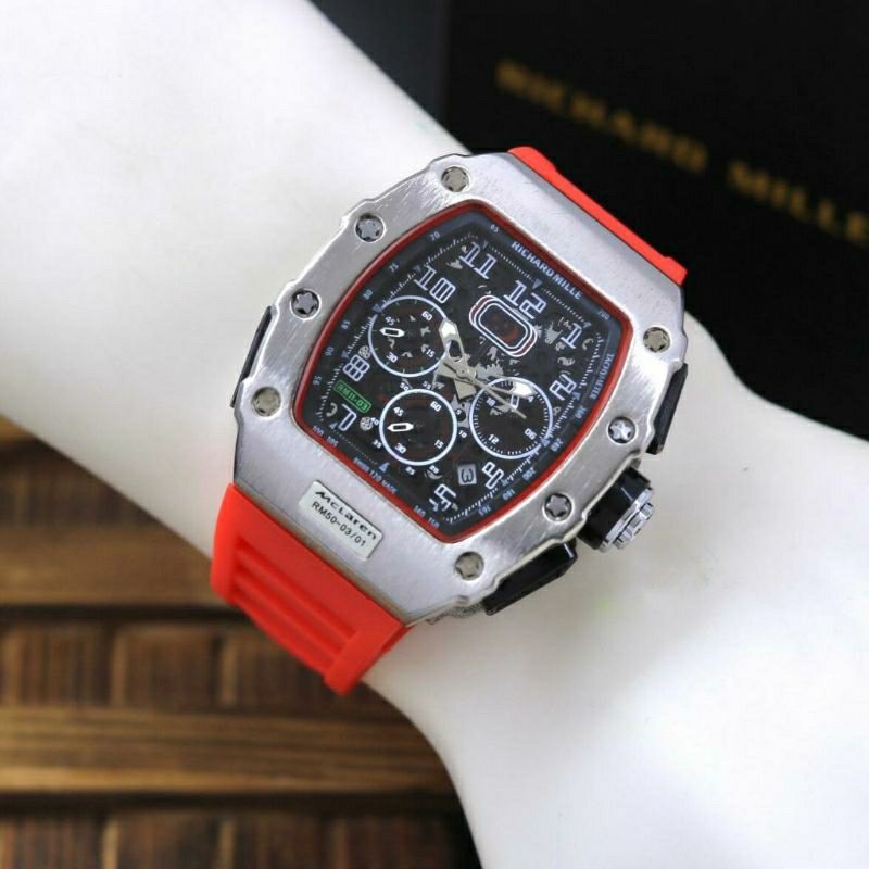 Jam Tangan Pria RM Crono Aktif Super Mewah Dan Elegan Tali Rubber Warna Merah