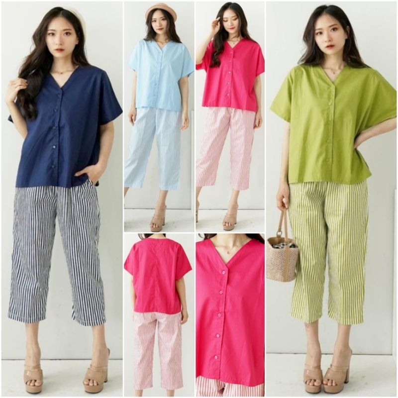 ♡ PREMIUM ♡ ORIGINAL ! SHAY 2 IN 1 COMBINATION SET BUTTON BLOUSE SHIRT WITH STRIPE MIDI PANTS / SETELAN ATASAN POLOS KANCING &amp; CELANA SALUR SELUTUT ( BUSUI FRIENDLY )