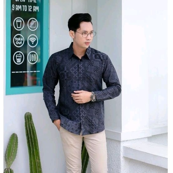 BATIK BOLO DEWO Motif Sekar Jagat Abu Kemeja Baju Batik Pria Lengan panjang Lapis furing Hem Atasan