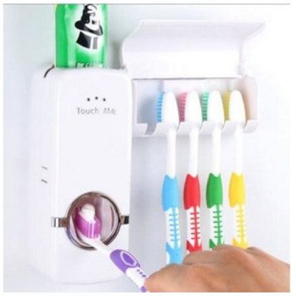 DHIOSHOPI - Dispenser Odol Tempat Sikat Gigi TOUCH ME Rak ToothPaste &amp; Brush Set WHITE Otomatis Pasta Holder