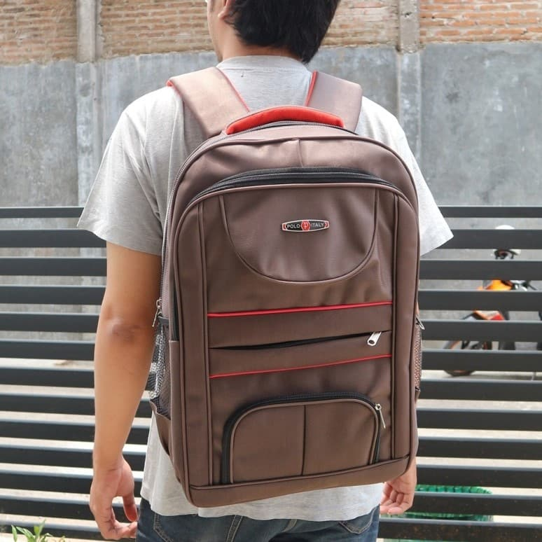 Tas Punggung Pria Polo Mikro Garis Coklat Sekolah Kuliah Kerja Ransel Sekolah Tebal Anak SMP Laptop Gendong Pria Bonus raincover nyaman di punggung