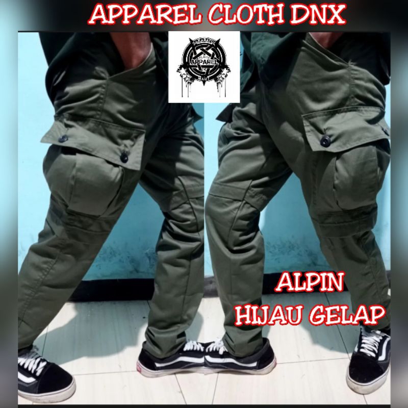 CELANA PANJANG ALPIN CREAM HIJAU SAKU KEMPOL PUNK, CELANA CARGO GUNUNG