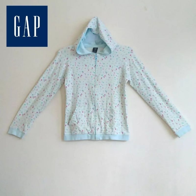 Jaket hoodie outer full zipper motif anak 10-11 Thn Gap Kids hijau mint floral p