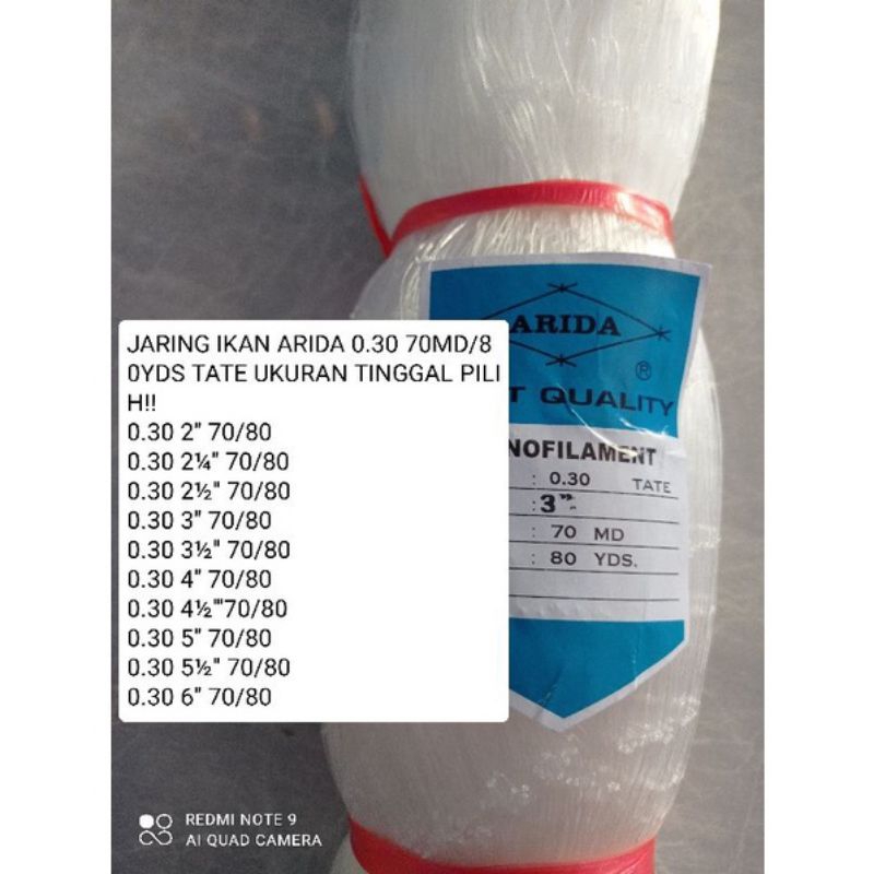 . jaring ikan ARIDA 0.30 70md/80yds TATE ukuran 1 inch - 6 inch JARING ARIDA MATA REBAH / MATA MENYA
