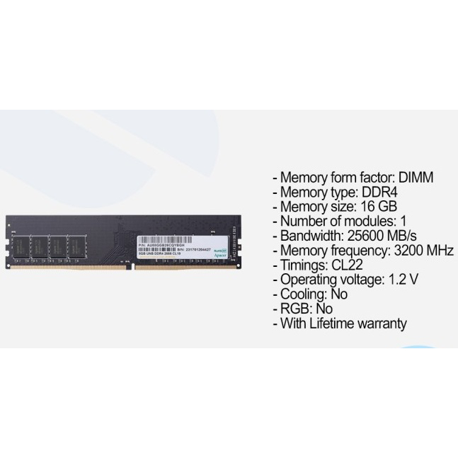 Apacer Memory RAM DIMM PC25600 DDR4 16GB-3200MHz