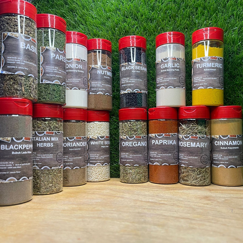 

Aneka Rempah Bumbu Dapur Siap Pakai / Pala Wijen Hitam Italian Mix Oregano Parsley Ketumbar Wijen Putih