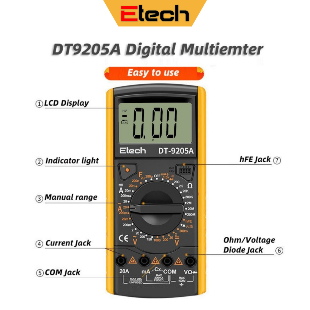 DT9205A LCD Digital Multimeter Electric Handheld Ammeter Voltmeter Resistance Capacitance AC and DC Power Meter Tester