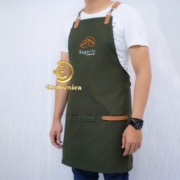 Apron barista celemek cafe apron barbershop kanvas waterpellen 100 % &amp; pu leather Y strap plus bordir logo