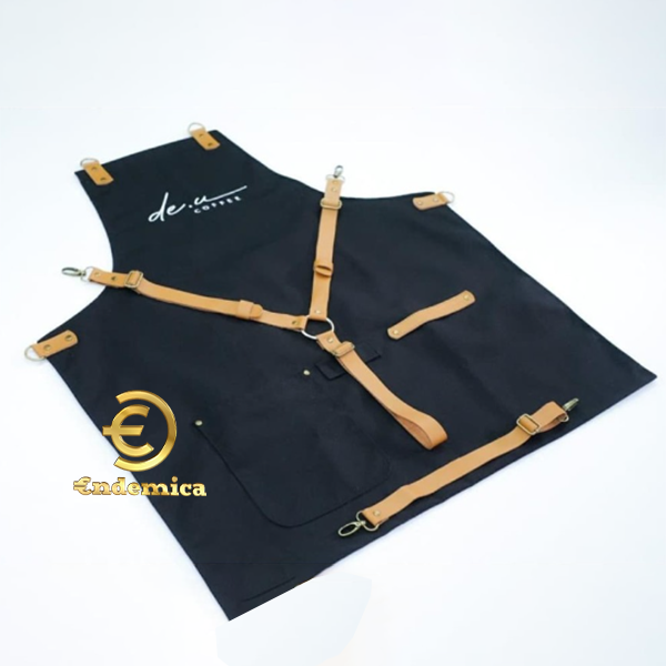 Apron barista celemek cafe apron barbershop kanvas waterpellen 100 % &amp; pu leather Y strap plus bordir logo