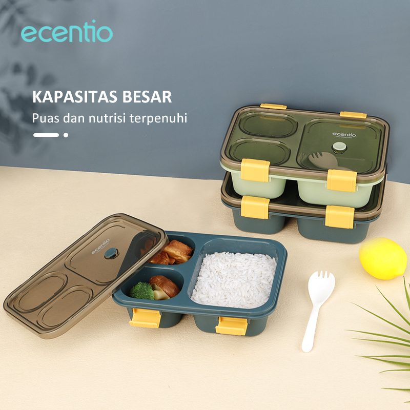 ecentio Kotak Makan 3 Grid lunch box/disegel Kotak/Anti bocor 850ml/1100ml tempat makan dan sendok/ Free BPA