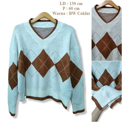 Sweater Rajut Ketupat Premium V-Neck Jumbo Oversize XXL 1191