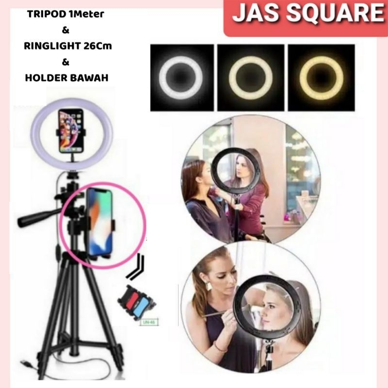 Tripod 1 set Holder + Ringlight + Holder Bawah 3 Warna Set Ringlight  FotoGrapher Makeup Vlogger
