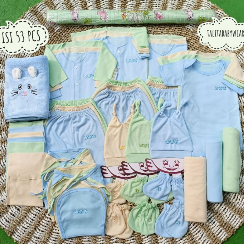 53 PCS Perlengkapan Bayi Baru Lahir /Paket Brojol Baby Newborn komplit Baju Bayi Seri Warna Soft talitababywear