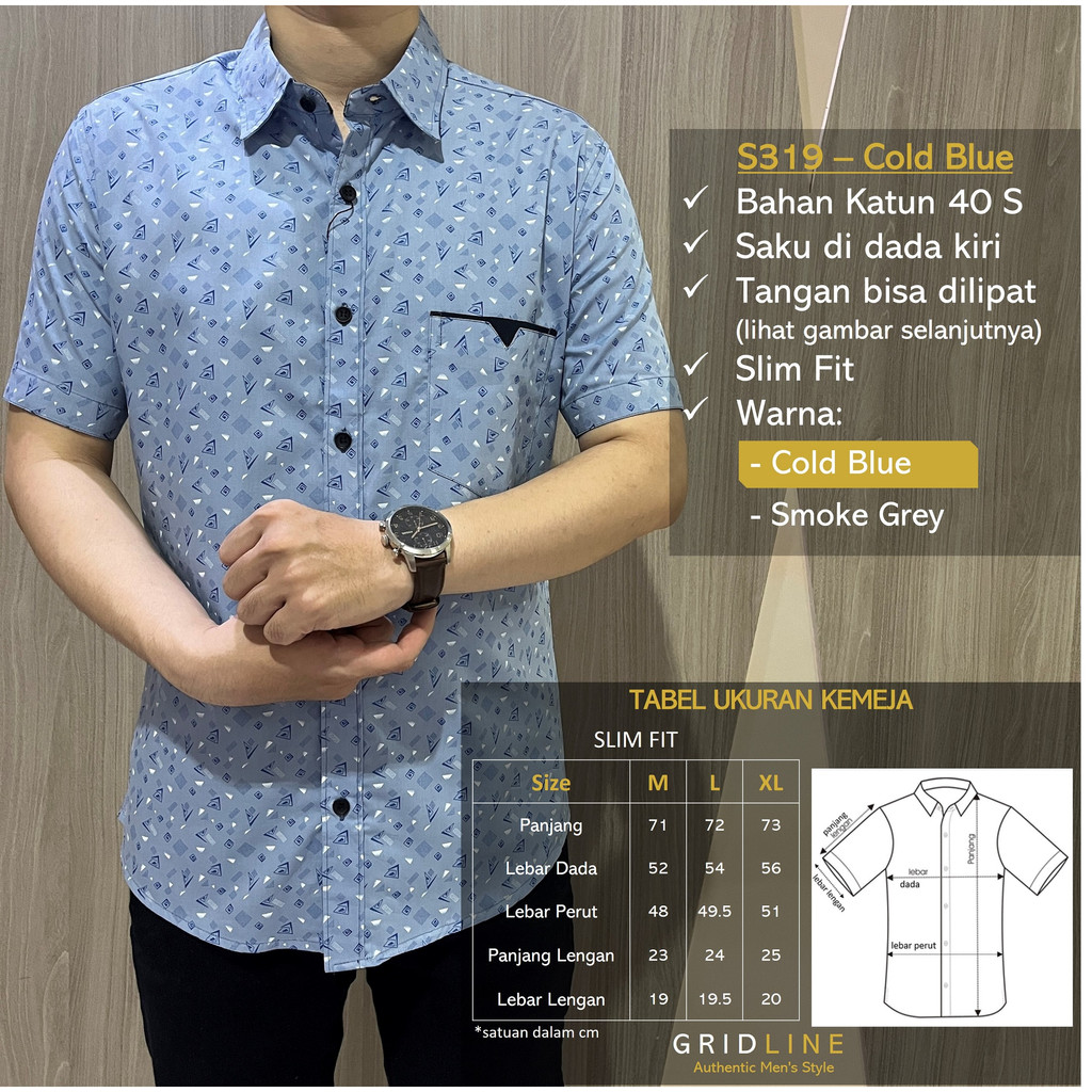 [GRIDLINE - S337 Rhythm Navy &amp; Black - S319 Smoke Grey] Kemeja Pria Slimfit Katun Lengan Pendek Print Modern Fashion Best Seller M-XXL