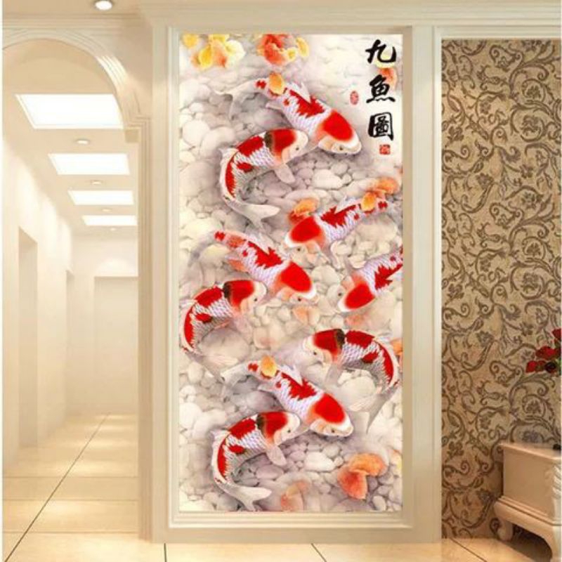 lukisan dinding ikan koi modern art