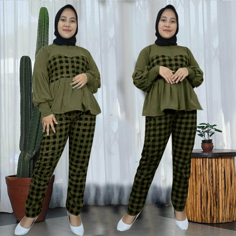 Pakaian Wanita Stelan Baju Lumbai Lengan Panjang Celana Slim Fit Tren Kekinian/Set Mona Kotak Allsize