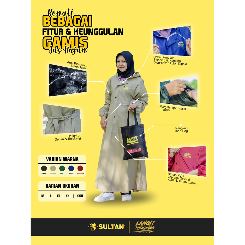 JAS HUJAN GAMIS Wanita M/L/XL/XXL/XXXL SULTAN LANGIT MENDUNG Super Jumbo Raincoat Mantol Terbaik PVC 025 Hitam Army Merah Maroon Navy Anti Rembes Bukan Axio Kualitas Terbaik untuk Dewasa