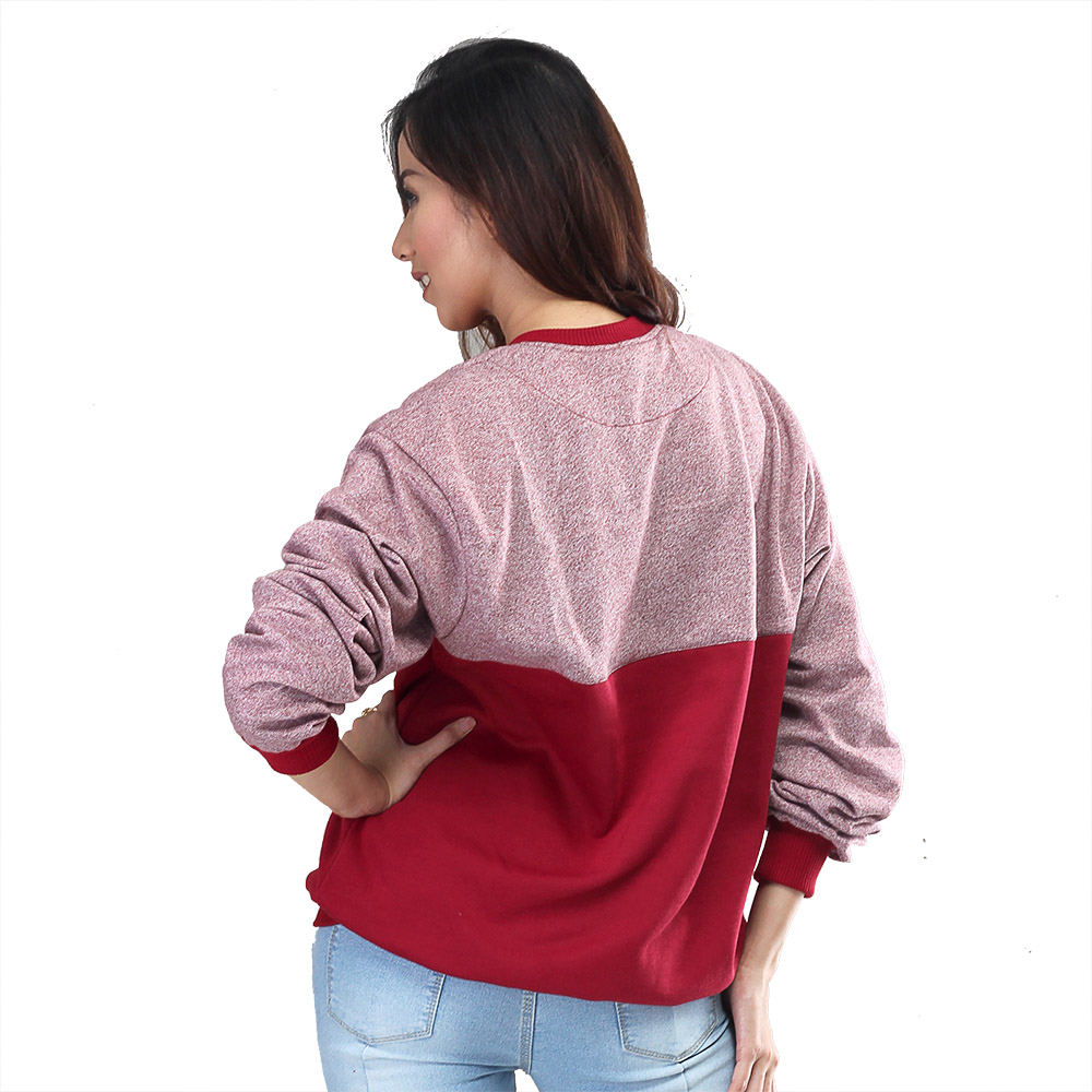 KUZATURA Sweater Crewneck Wanita Oversize Combination Color Merah Maroon Pink Model Korean Style Sweatshirt Oblong Terbaru Bahan Fleece Tebal Dan Lembut Kualitas Import Original 2023