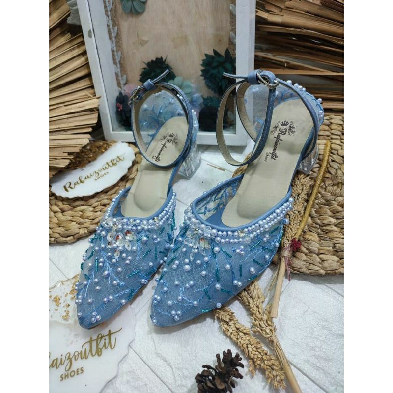 Sepatu wedding cantik Zaneta Denim 5cm kaca