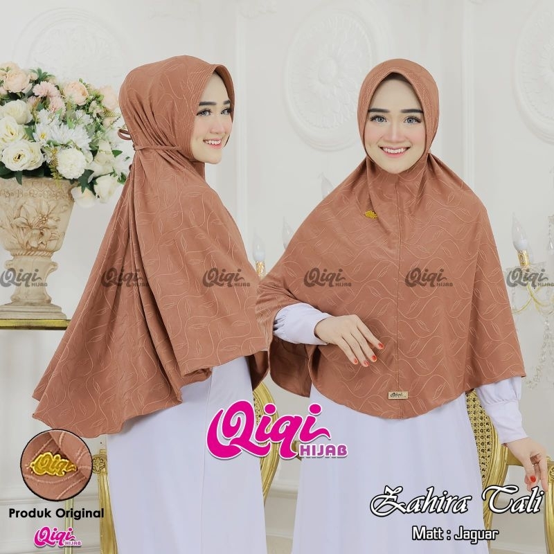 (Qiqi Hijab) ZAHIRA TALI •jilbab instan jumbo jaaguuar inpor•hijab instan pet tali motif daun