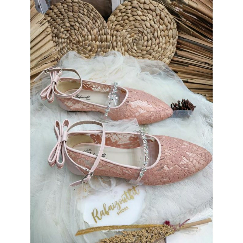 Sepatu wedding cantik Vilea peach 2cm kaca