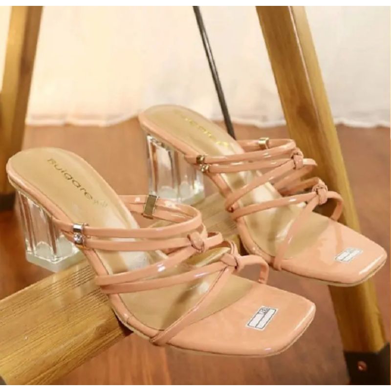 A06 Sandal Wanita Hak Kaca 7cm Tali Silang