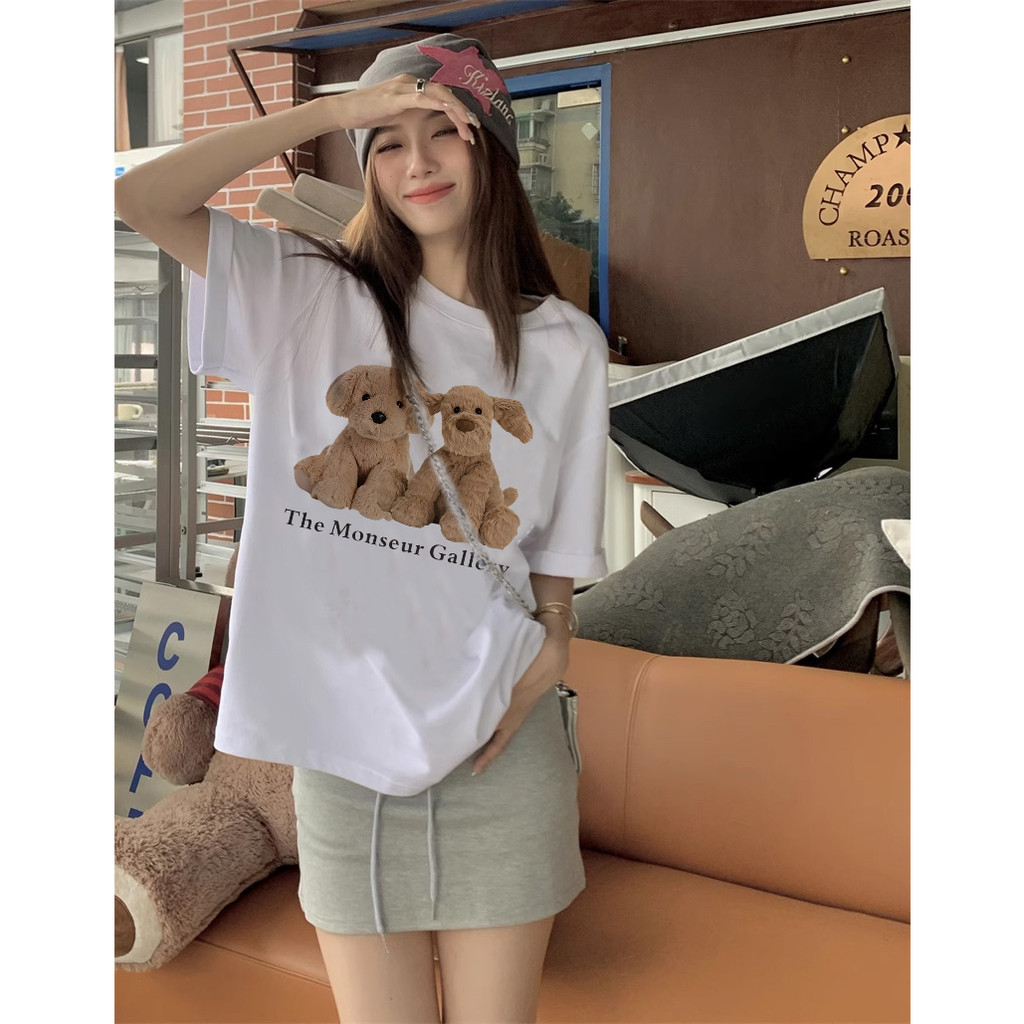 EUNII T-shirt Lengan Pendek Monseur Plush Dog Korean Style/Kaos Atasan Wanita/Baju Kaus Oversize Wanita/Kaos Wanita