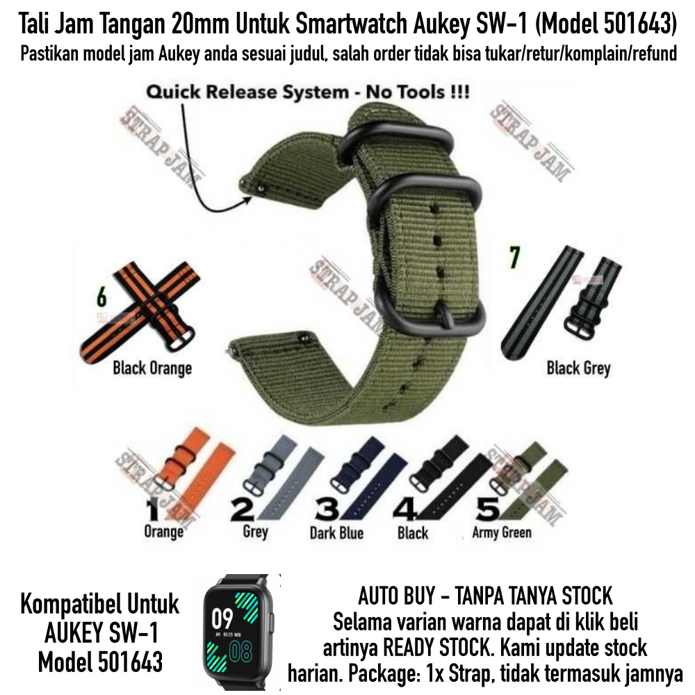 STT Strap Aukey SW-1 SW1 501643 - Tali Jam Tangan 20mm Nylon Stitching Quick Release