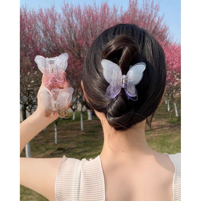 Jepit Rambut Kupu Kupu Jumbo 7cm Dua Sayap Warna Salem Bubble Gum Jedai Doff Kupu Sayap Ganda Jepitan Rambut Transparan Matte Double Layer Korean Butterfly Hair Claw Clips