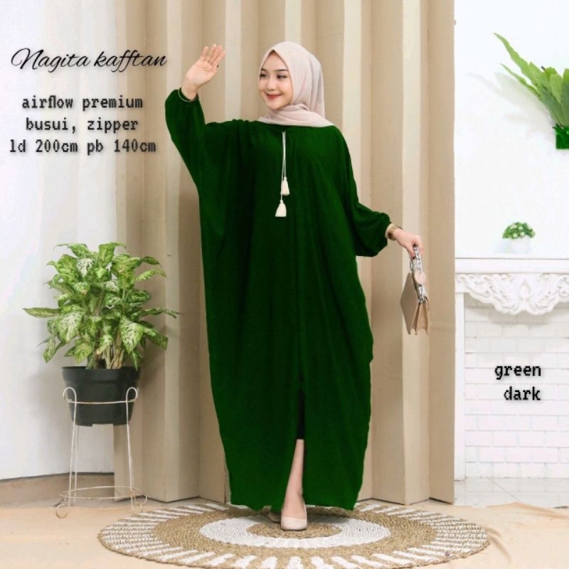 Kaftan Crinle Airflow Nagita Polos All Size Busui Resleting Depan Terbaru