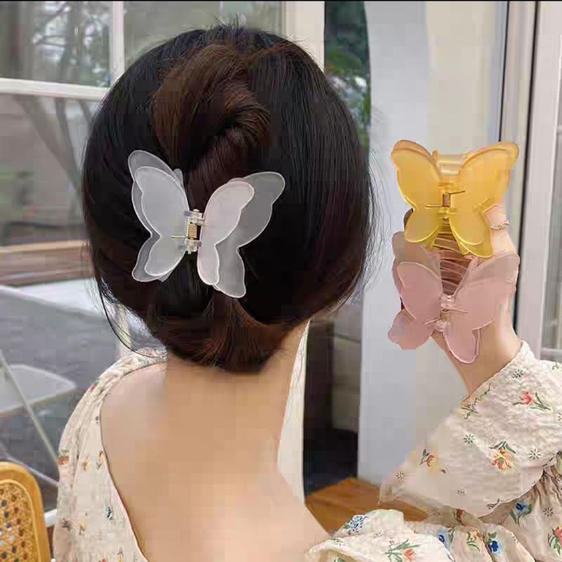 Jepit Rambut Kupu Kupu Jumbo 7cm Dua Sayap Warna Salem Bubble Gum Jedai Doff Kupu Sayap Ganda Jepitan Rambut Transparan Matte Double Layer Korean Butterfly Hair Claw Clips