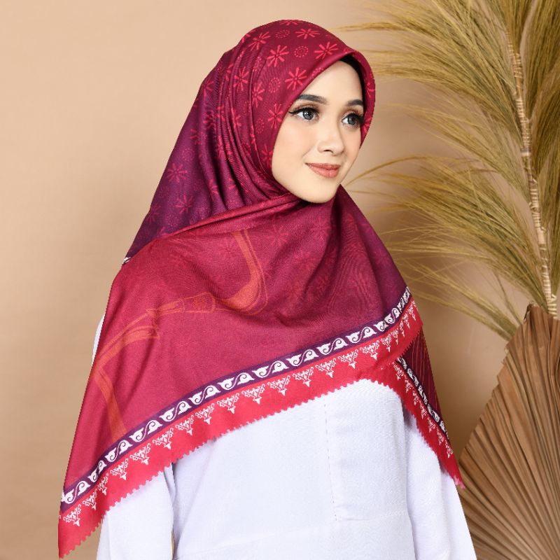 Gamita Scarf Hijab Kerudung Voal Segi Empat Motif Aceh Merah Maroon